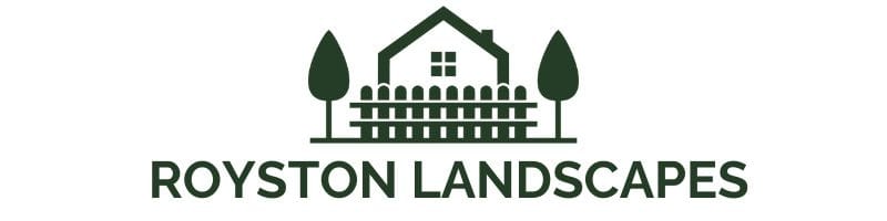 Royston Landscapes Logo - Green Royston Landscapes Logo, showing the words "Royston Landscapes" with a house and tree.